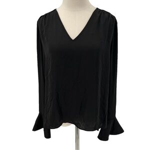 MNG By Mango Black Polyester Long Bell Sleeve V-Neck Blouse Size 4 Women's